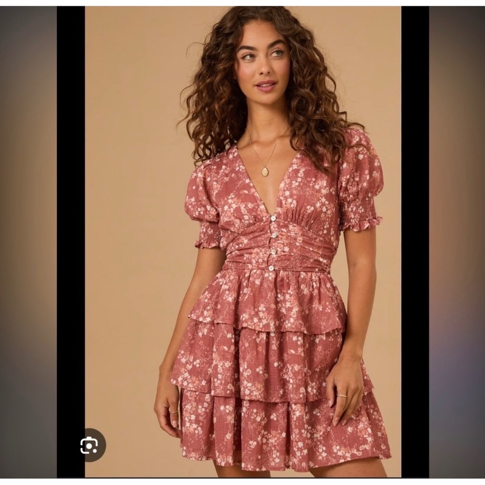 Altar'd State Stella Floral Tiered Mini Dress Rust Puff Sleeve Fairycore S